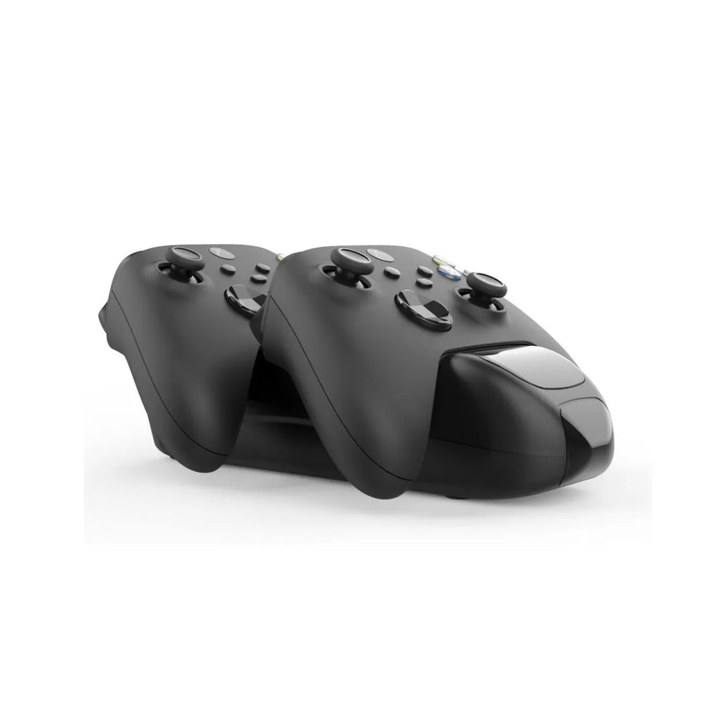 Black Xbox Series X dual controller charging dock with LED lights and two rechargeable battery packs