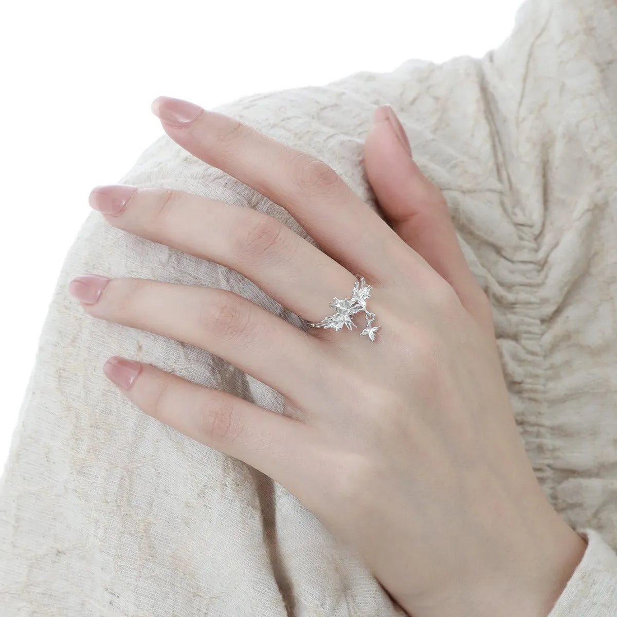Silver butterfly ring with adjustable opening in white gold or 18K gold colour electroplated finish