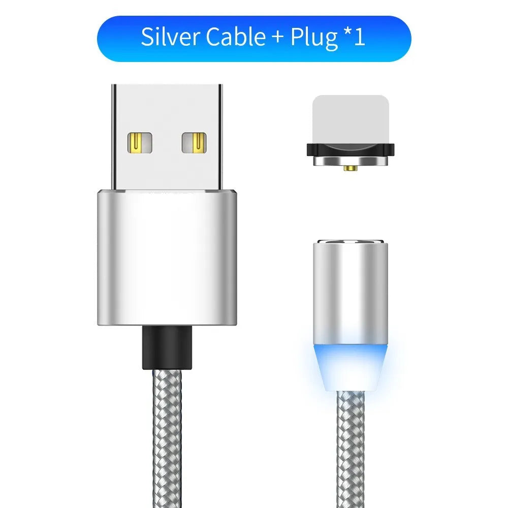 YBD black and red braided magnetic charging cable with Lightning, Micro USB, and Type-C connectors on a table.