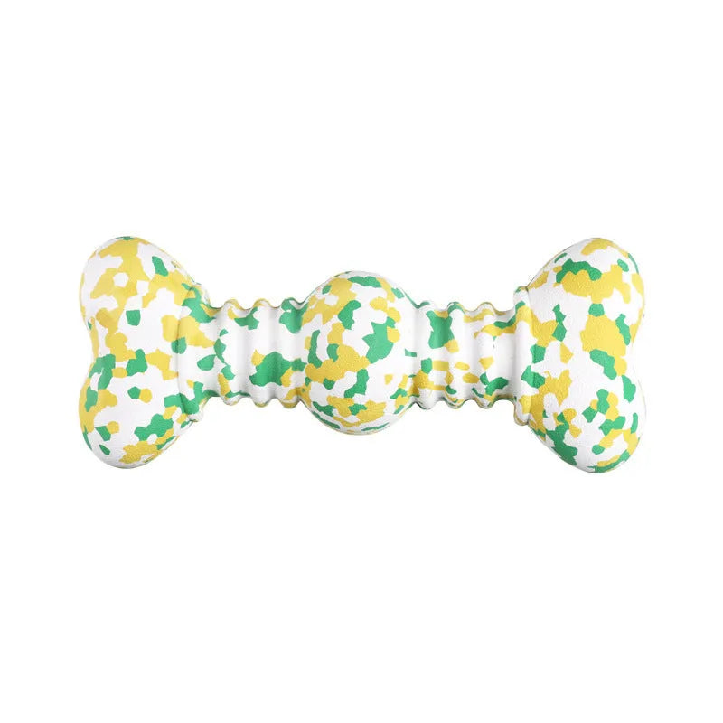 Natural rubber dog chew bone toy for large breeds in camouflage colours, shown in two sizes.