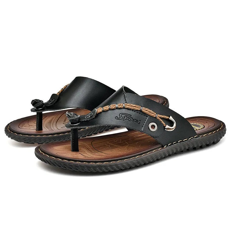 Men's non-slip slippers in light brown with a PU leather upper and textured rubber outsole.