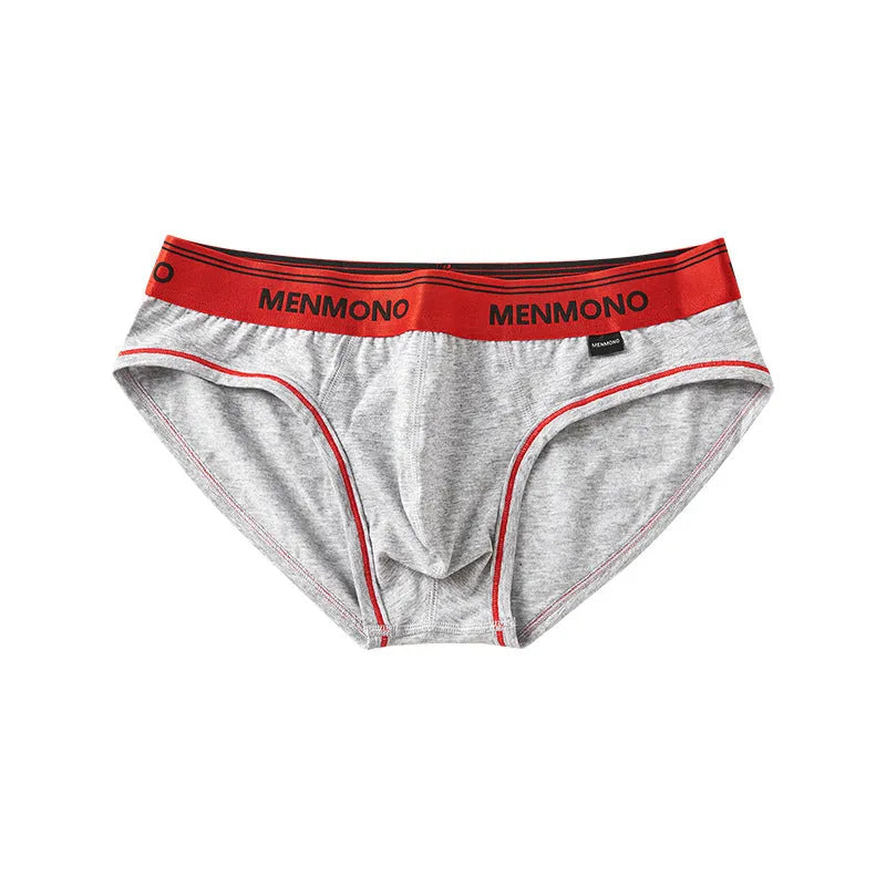 Men's low waist cotton blend briefs in a grey and blue colour block combination.