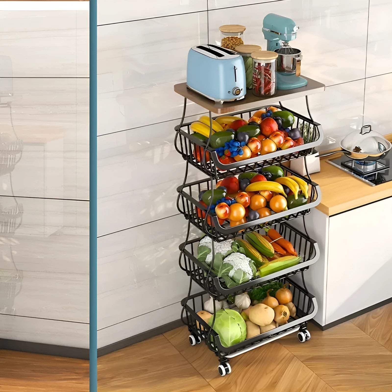 Black six-layer floor-standing kitchen storage trolley with foldable carbon steel frame