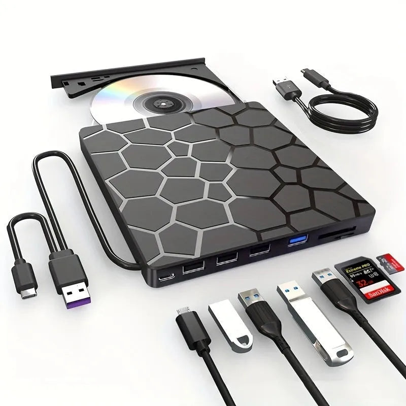 Black external USB CD writer drive with compact rectangular design
