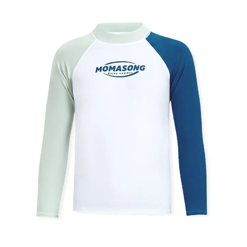 Men's white long-sleeved swimsuit top with matching swim trunks set for sun protection