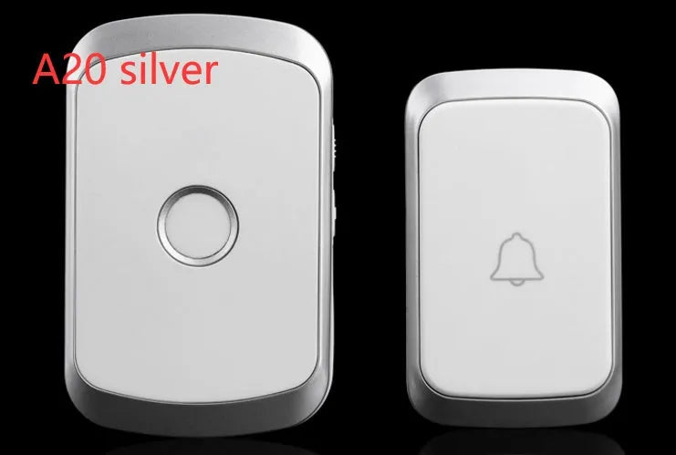 Wireless doorbell kit showing plug-in receiver and battery-powered push-button transmitter in black