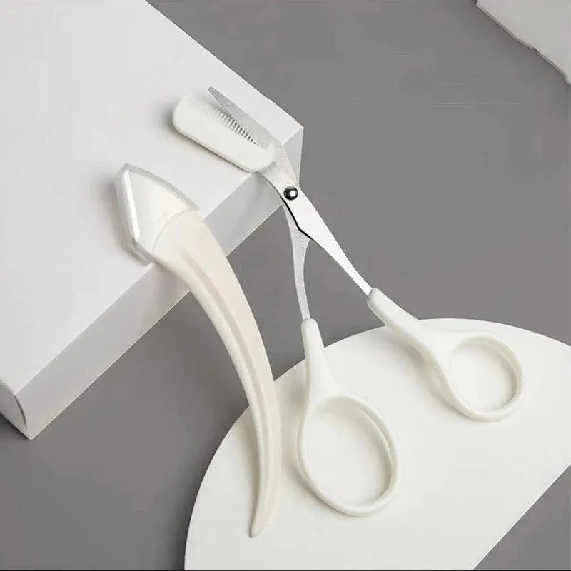 Curved moon-shaped eyebrow trimmer with a cutting comb on a white background.