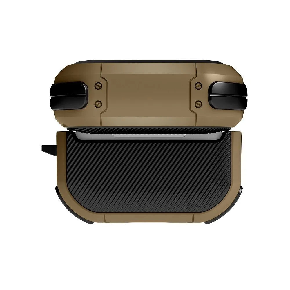 Black TPU and PC protective case for Apple AirPods Pro earbuds sitting on a table.