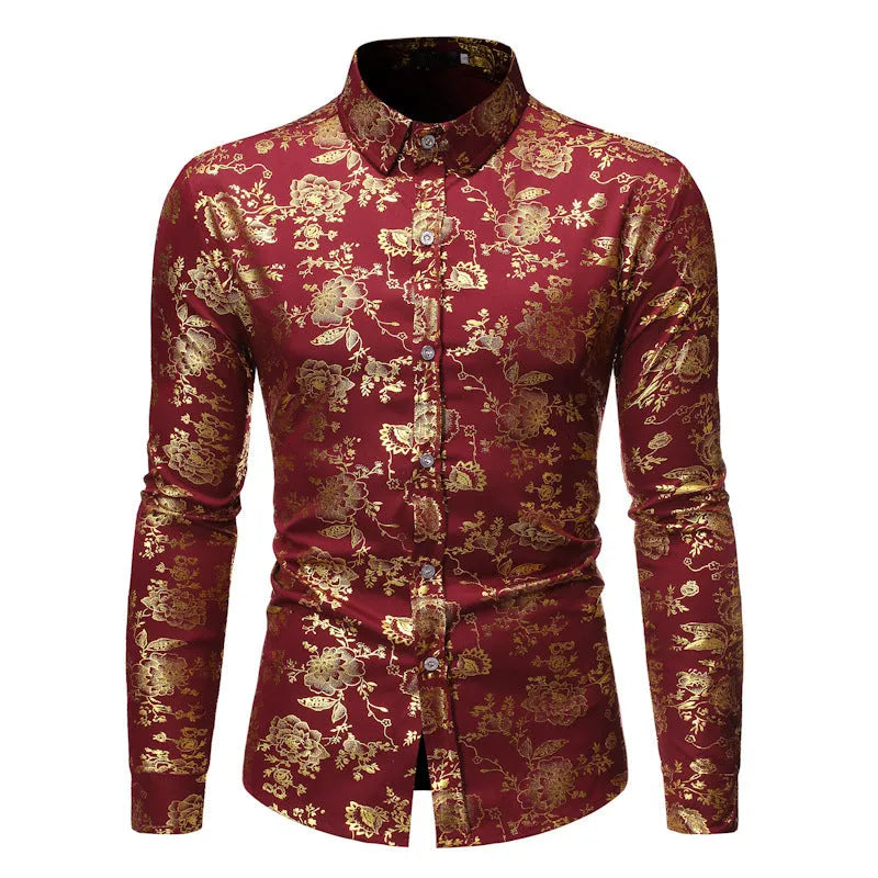 Men's metal bronzing printed lapel casual shirt in polyester fabric available in multiple colours