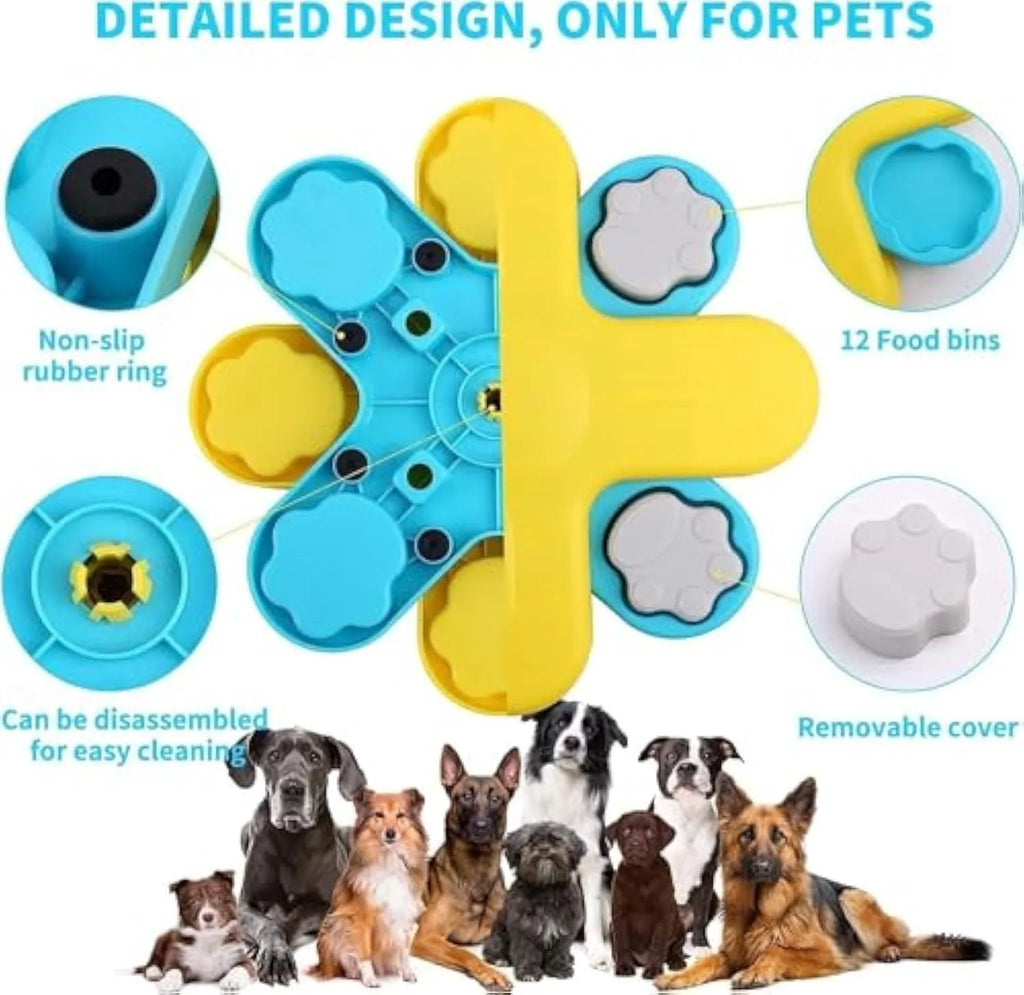 Yellow three-layer rotating dog puzzle feeder with anti-slip base for slow feeding and mental stimulation