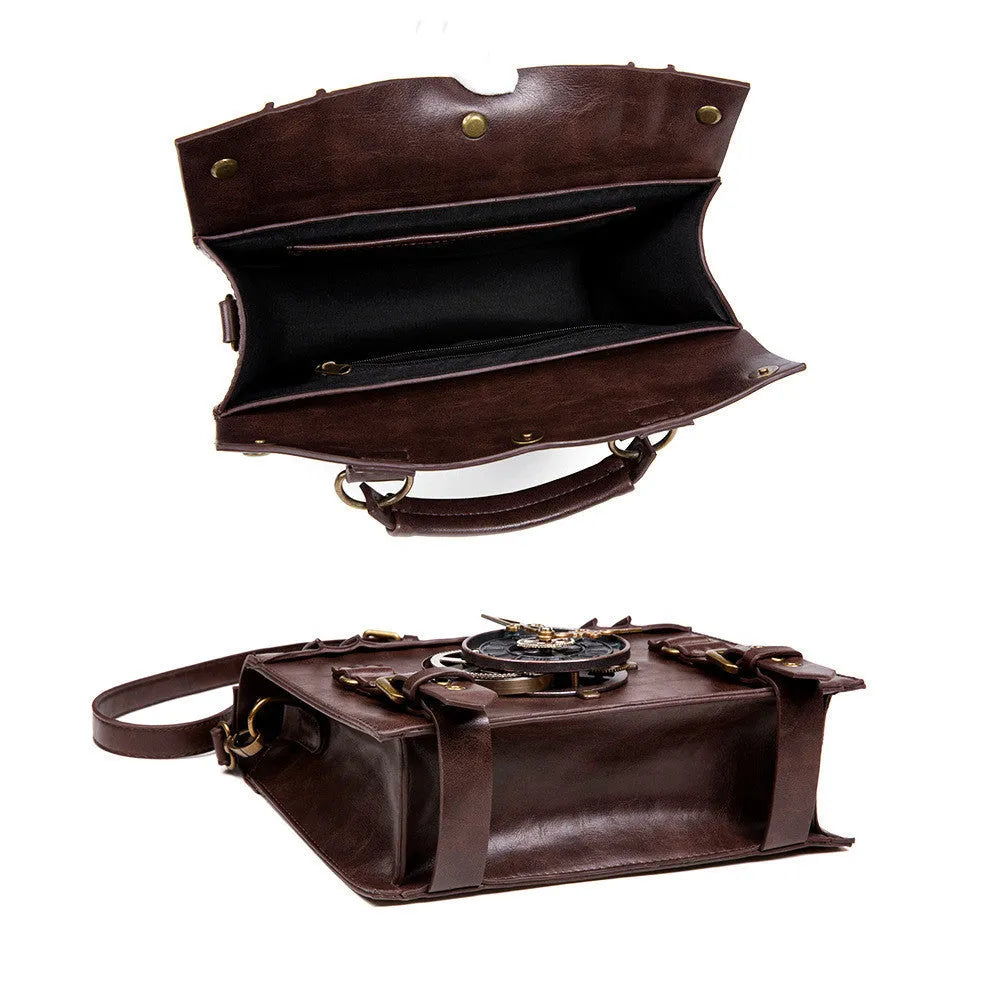 Bronze steampunk retro pillow shoulder bag with square shape and metal hardware.