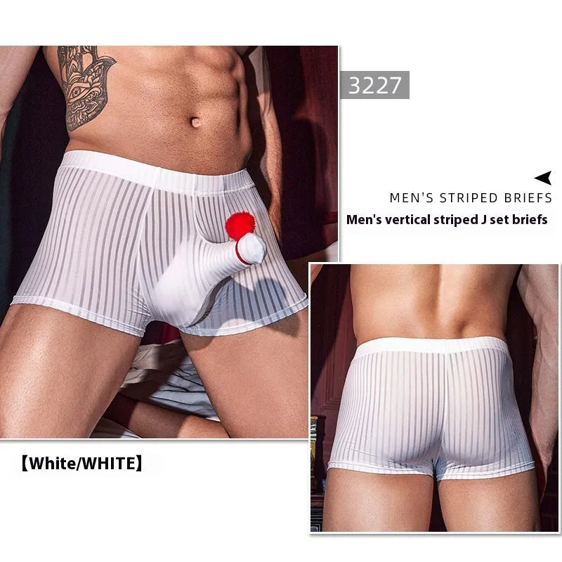 Men's black striped boxer briefs made from nylon fabric on a grey background.