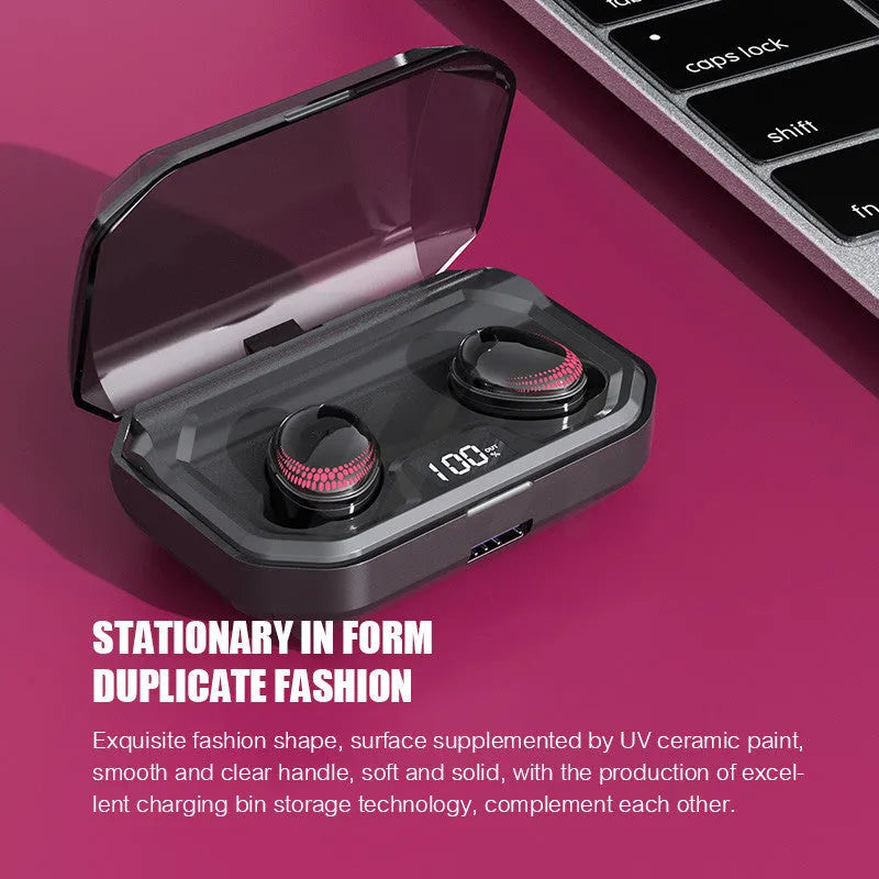 Black X10 Bluetooth wireless earbuds with charging case showing compact design