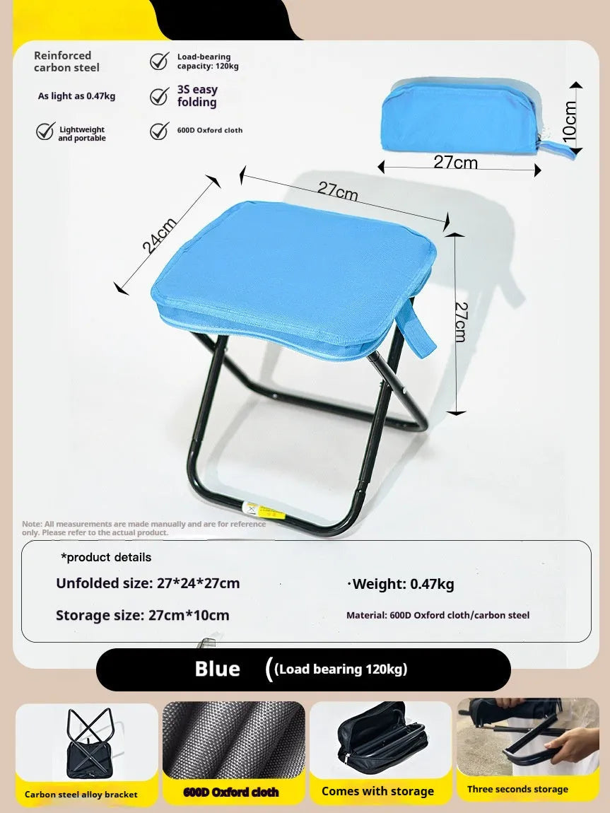 Lightweight foldable camp chair stool in Oxford cloth, shown in a khaki colour, folded into its compact pencil box shape.