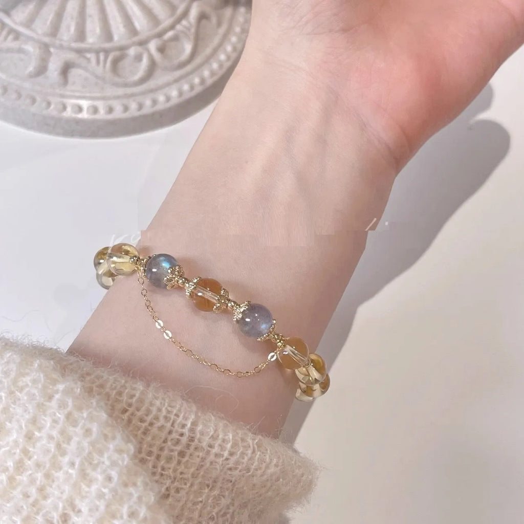 Women's Chinese-style crystal bracelet with citrine moonstone centrepiece and 14K gold electroplating