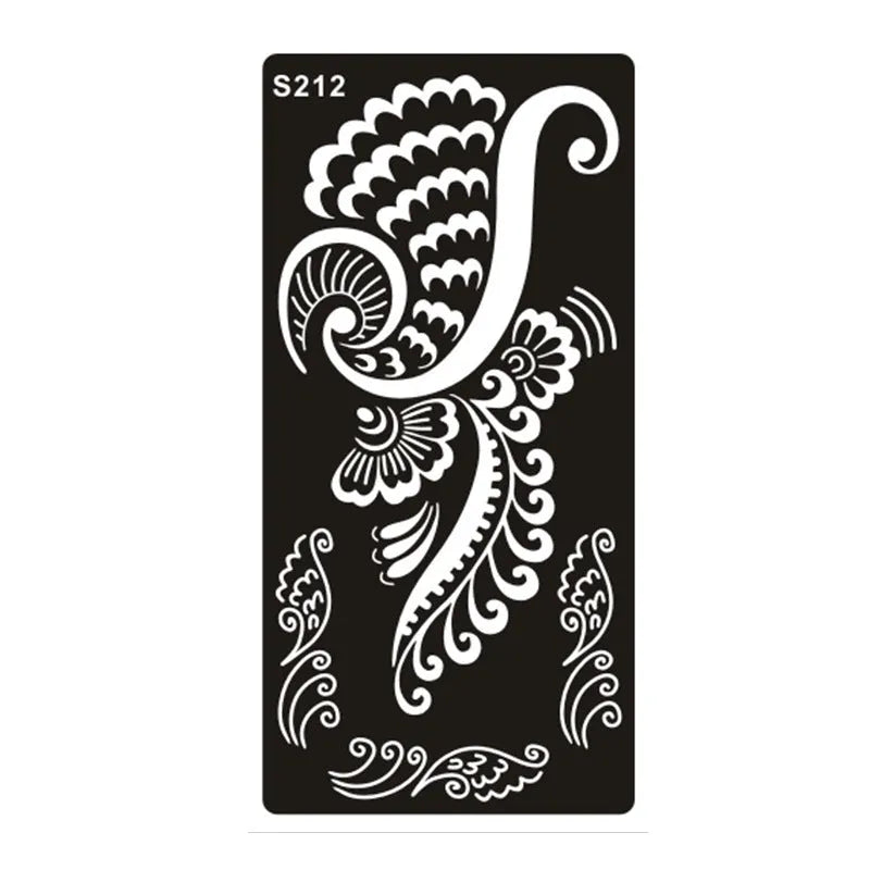 Sheet of hollow geometric and Southeast Asian style temporary tattoo templates on water transfer paper.