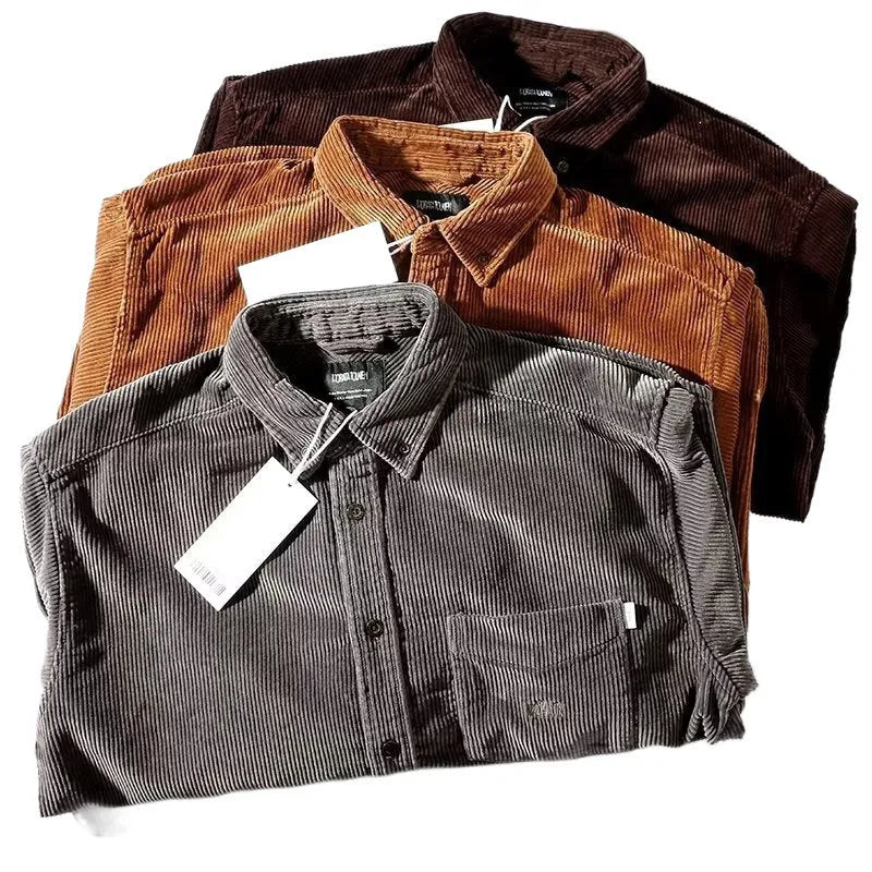 Caramel and grey corduroy loose fit shirt with long sleeves and cardigan style