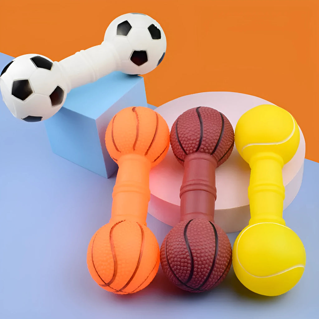 Brown PVC football dumbbell shaped dog toy with squeaker for chewing play