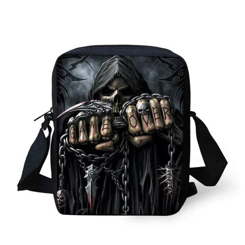 Children's medium messenger bag with skull patterns showing double straps and soft handle