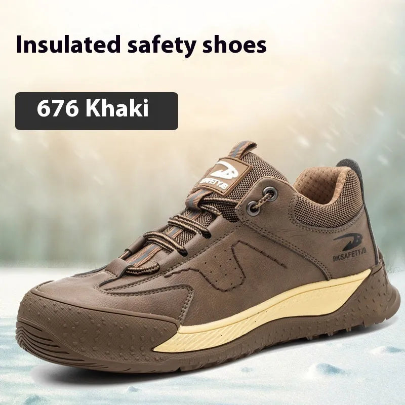 Men's Flyknit leather work safety shoes with a rubber sole in black, shown in a side profile.