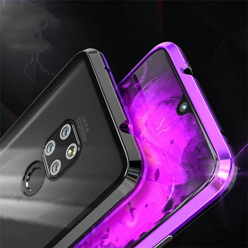 Metal magnetic phone case with tempered glass back showing phone design, available in black, blue, red, white