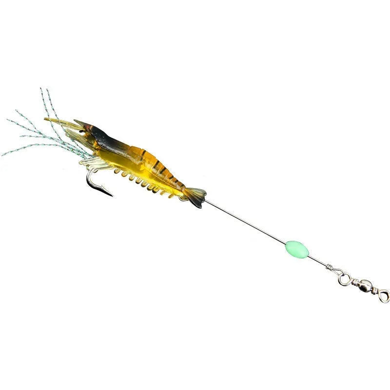 Six Luer soft fishing lures with hooks in assorted colours including black head yellow body and luminous pink