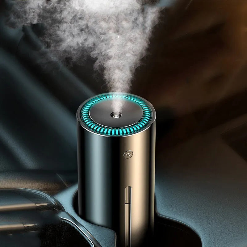 Black aluminium alloy car diffuser humidifier with USB cable for air purification and humidification.