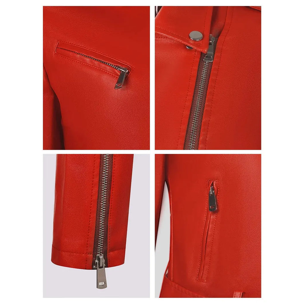 Women's black PU leather motorcycle jacket with lapel collar and short belt detail