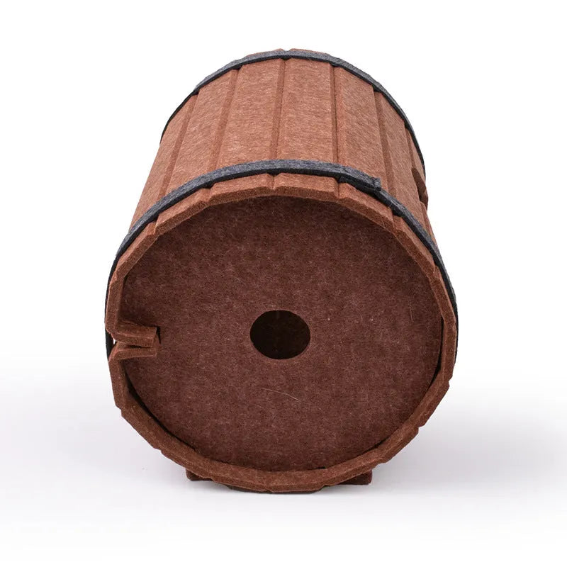 Assembled wine barrel shaped cat bed made from three polyester fibre felt panels with binding straps