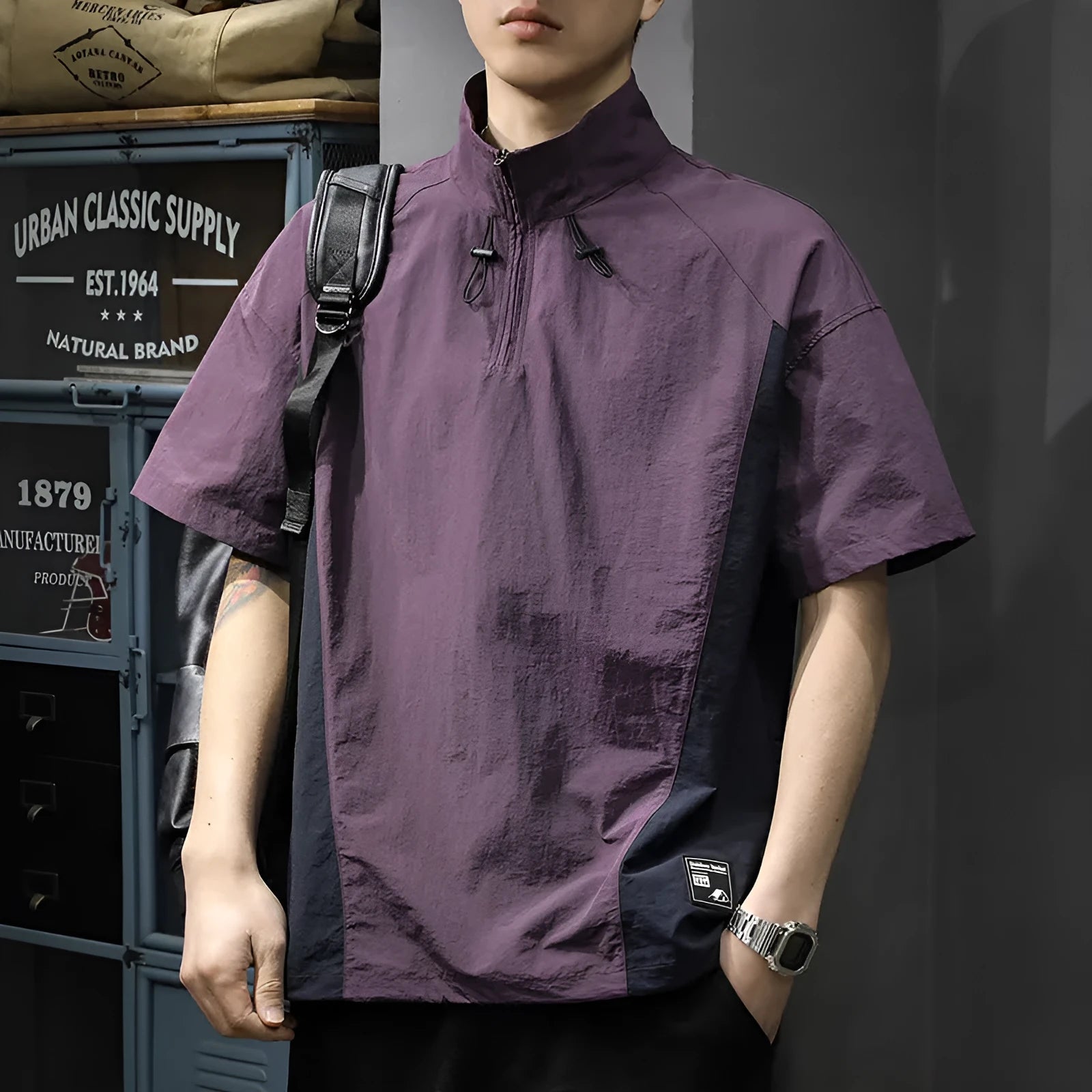 Men's half zipped stand collar business casual shirt in ice silk fabric available in brown and purple colours