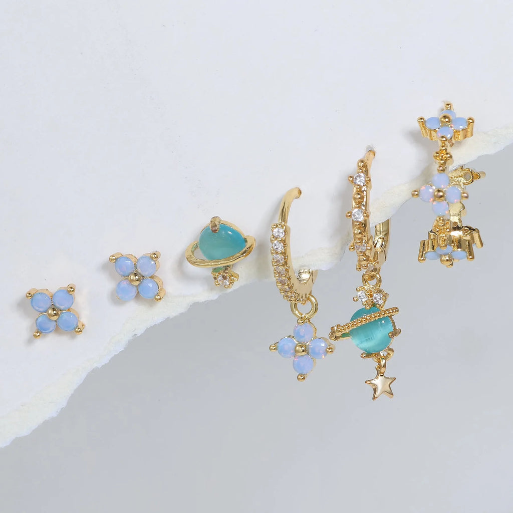 Blue protein flower nail ear studs with zircon mosaic details in gold or silver colour