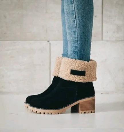 Women's thick suede mid-calf snow boots with a round toe, flat low heel, and waterproof platform sole.