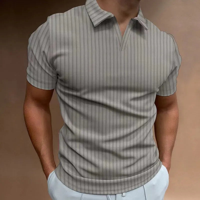 Men's striped V-neck polo shirt in cotton blend fabric for summer sports wear