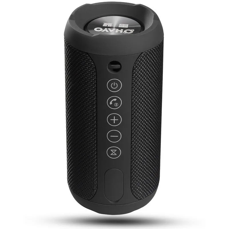 Black waterproof portable outdoor Bluetooth speaker with control buttons on top.