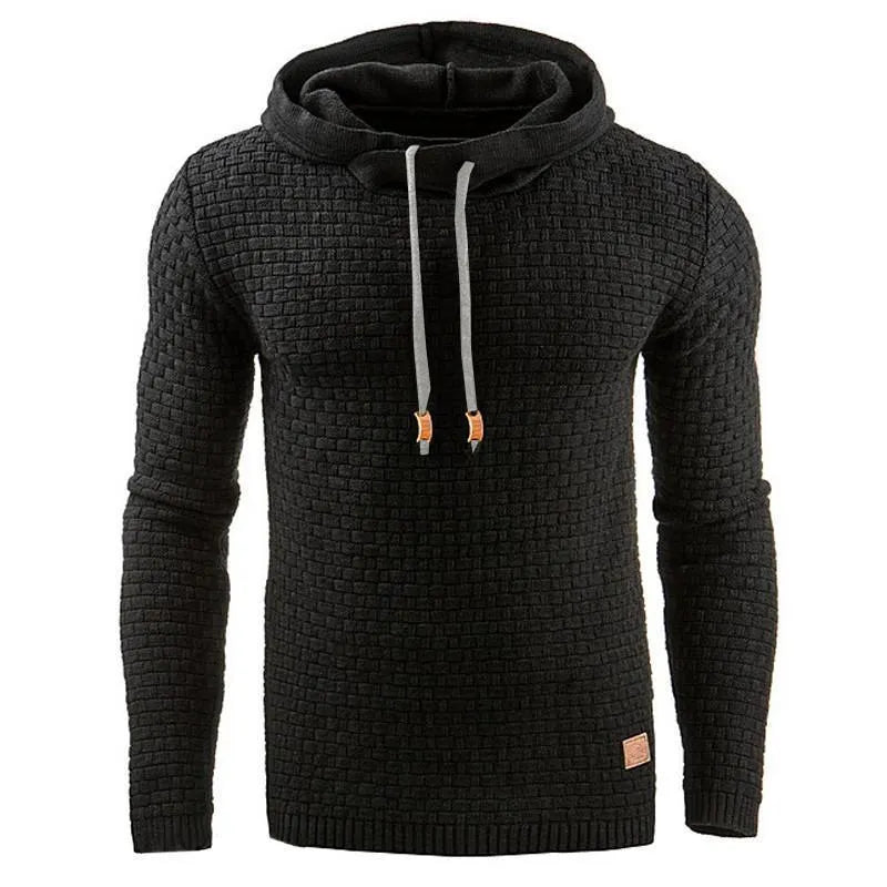 Men's black cotton-polyester blend hooded sweatshirt laid flat, showing front design and hood.