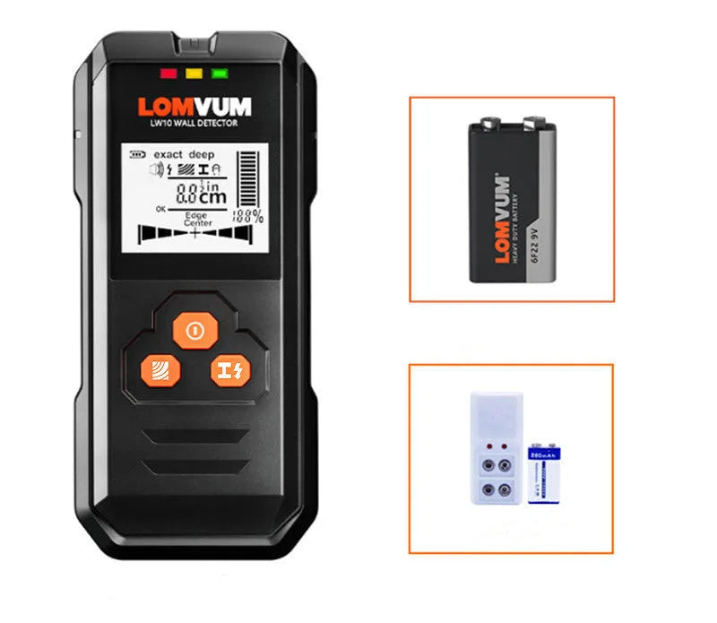 Handheld multifunctional wall detector for finding metal, wires, and wood studs behind walls.