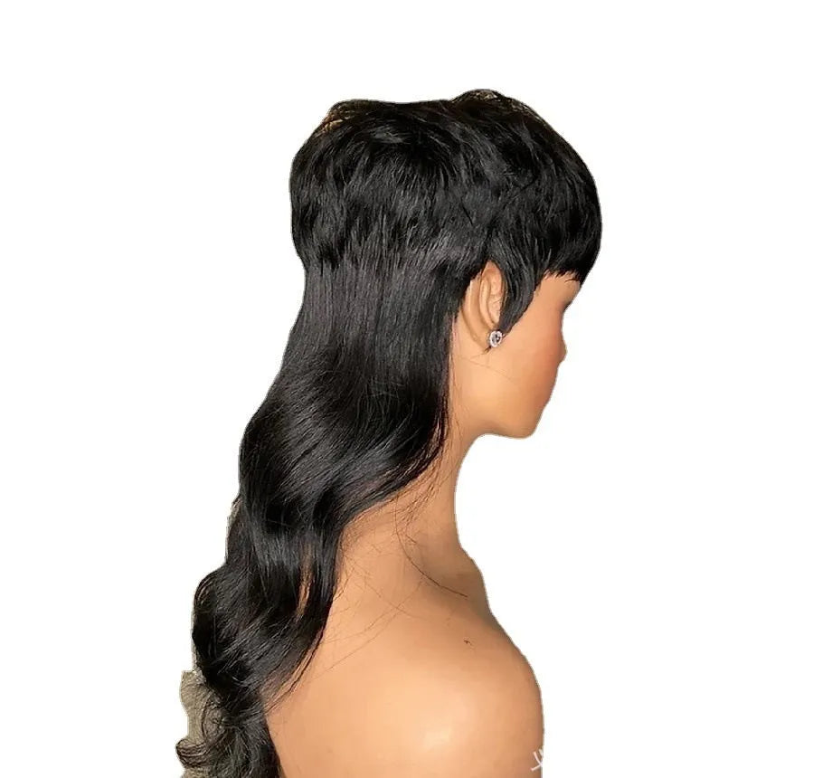 Black Brazilian wig with short bangs at the front and long hair at the back.