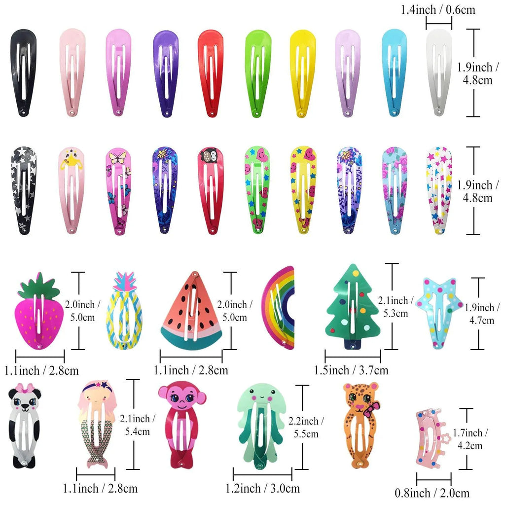 100 piece metal snap hair clips set showing candy colours with animal, fruit, crown and star cartoon designs