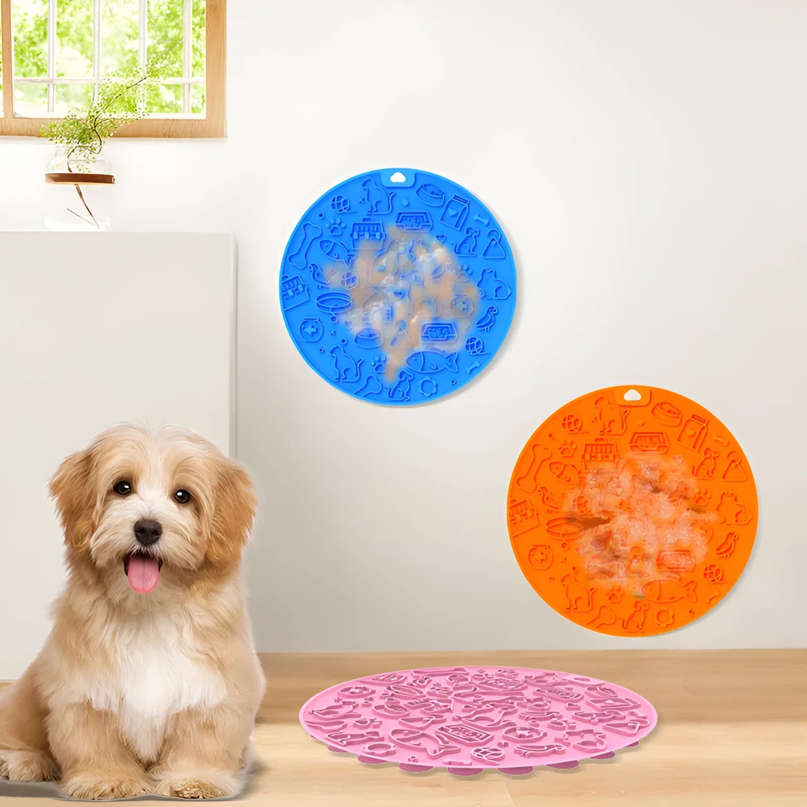 Round blue silicone pet lick mat with suction cup base on a white background.