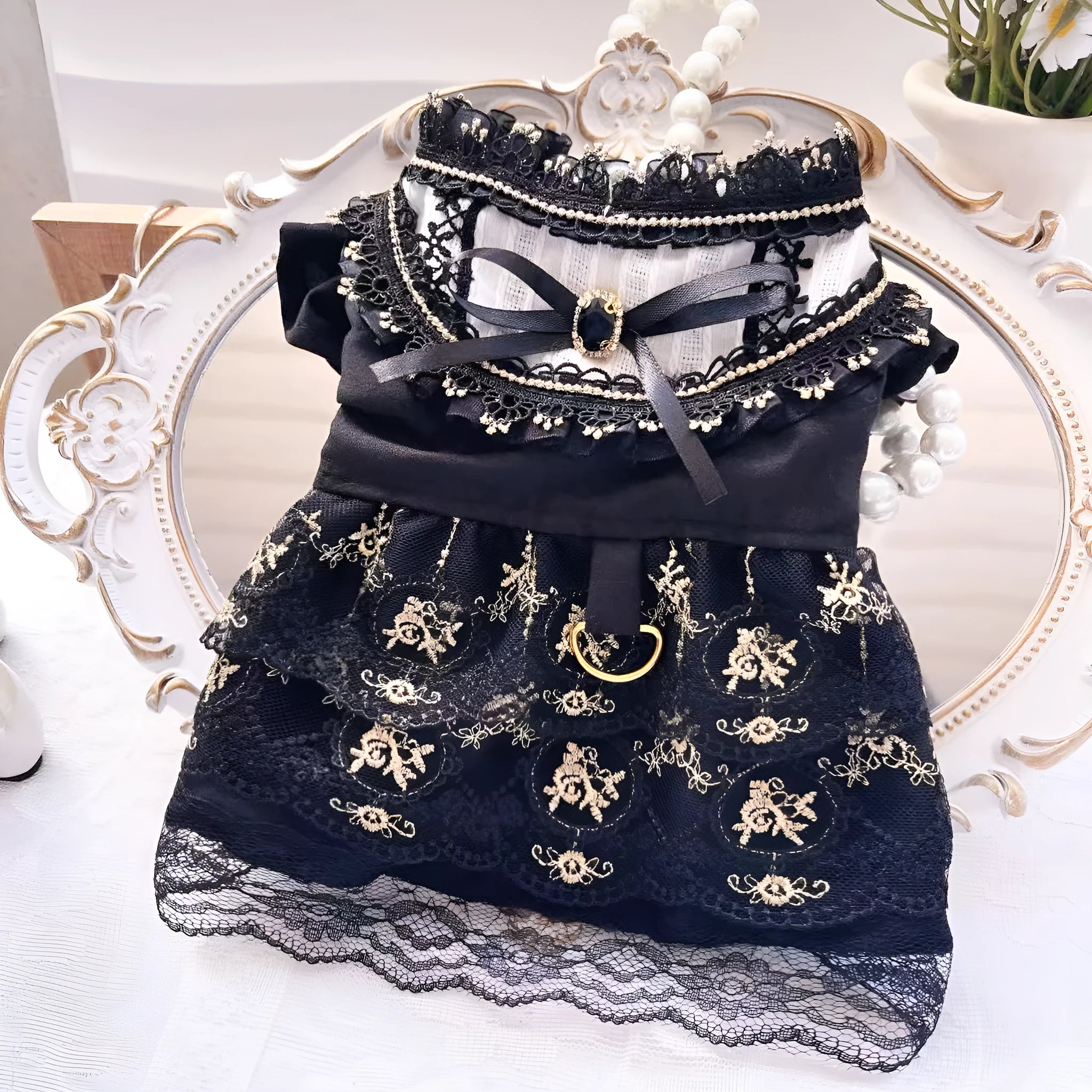 Golden gothic princess skirt costume for small cat or dog with detailed sizing information