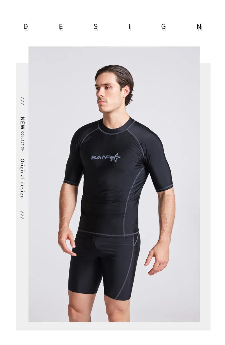 Men's navy blue half sleeve swimsuit top and pants set for swimming
