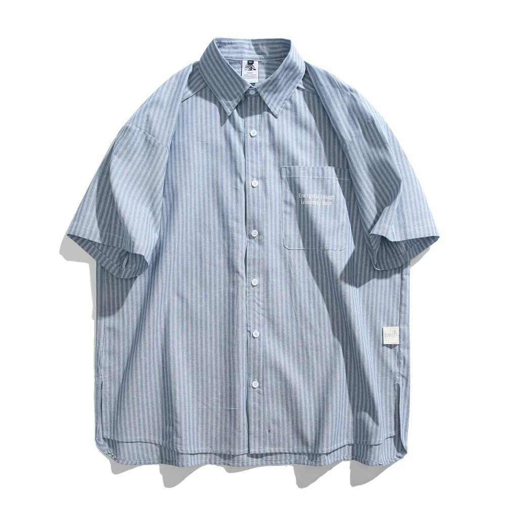 Blue striped loose-fitting short-sleeved overalls shirt for men and women