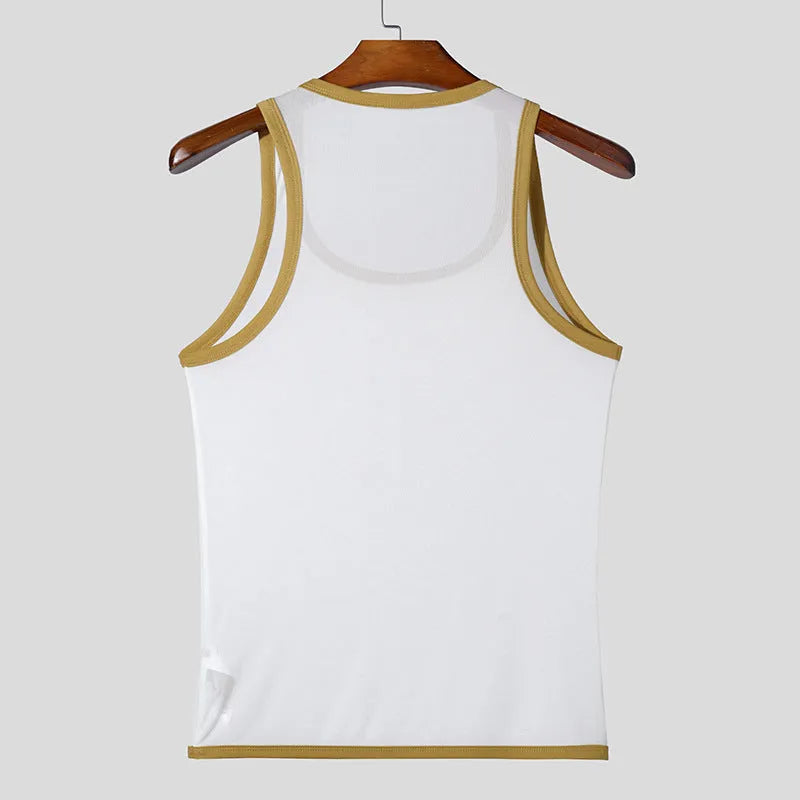 Men's white mesh fitness vest with straight hem design for sports and casual wear