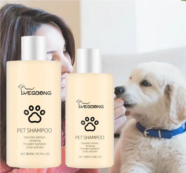 Mild dog shampoo bottle with pump dispenser in 100ml and 300ml sizes