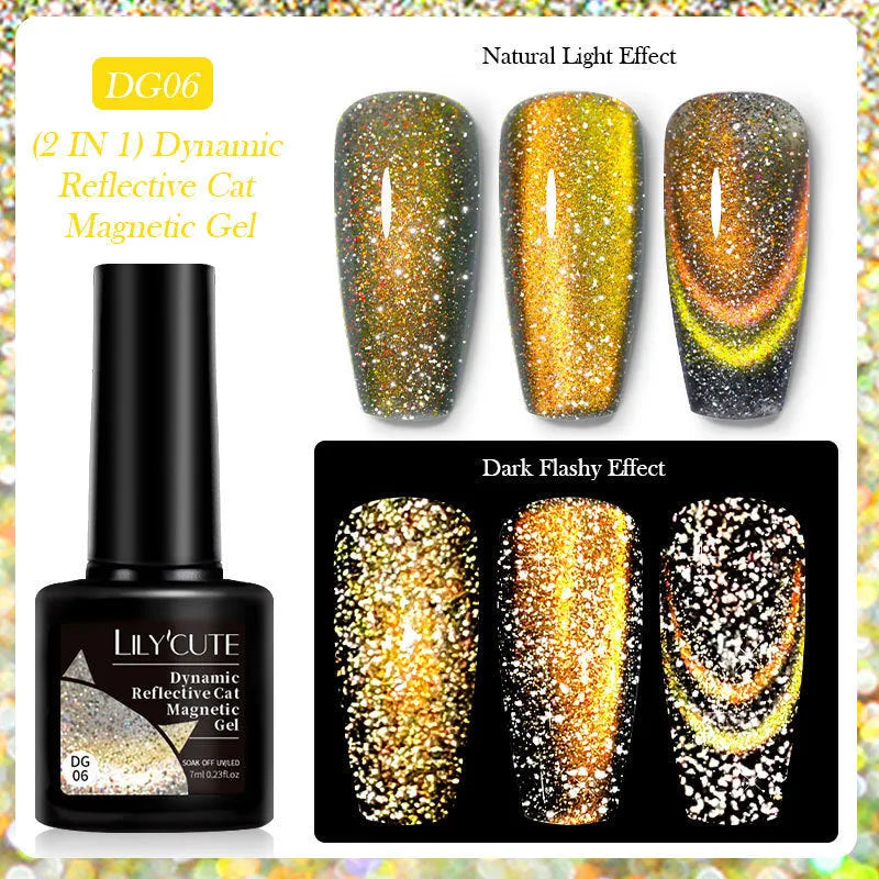 Cat eye series nail polish gel bottles showing diamond glitter and fragment designs in six colour options