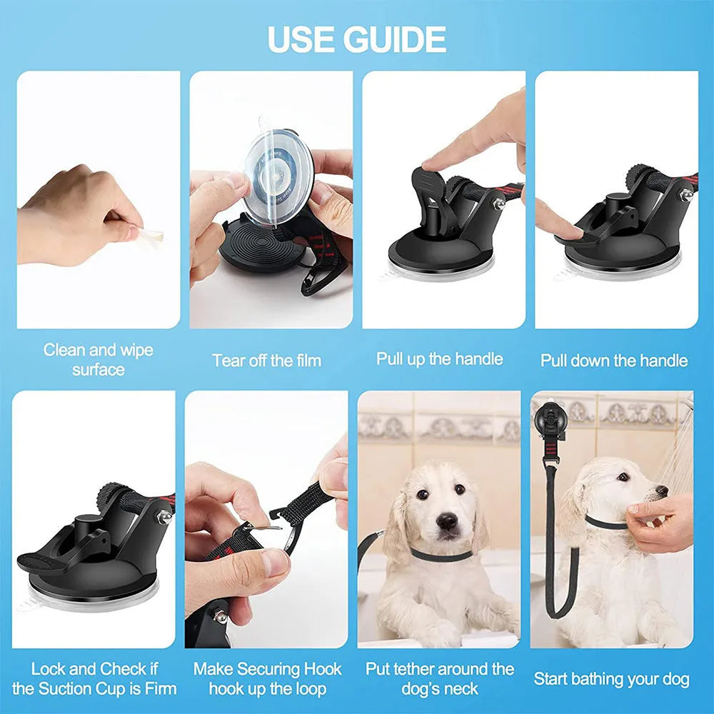 Pet bathing restraint kit with suction cups, traction rope, and handcuffs in black or blue.