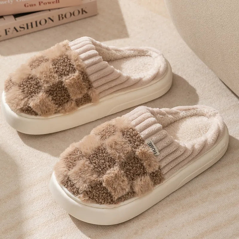 Plaid plush indoor slippers for women in five colours with thick lining and non-slip PVC sole