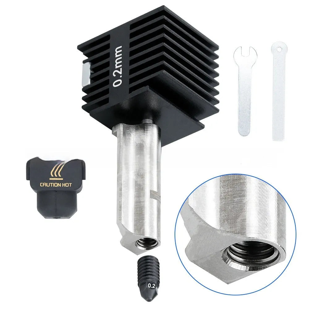 Bambu Lab A1 Mini 3D printer hardened steel nozzle hot end kit with four nozzle sizes and black silicone sleeves.