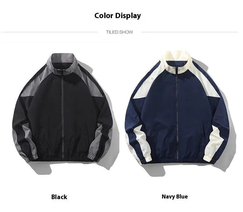 Men's black casual polyester jacket with contrast stitching and side seam pockets