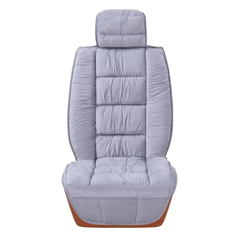 Winter plush car seat cushion showing all-inclusive design on car seat